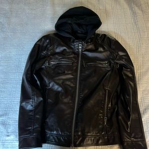 Men's Faux-Leather Detachable-Hood Motorcycle Jacket